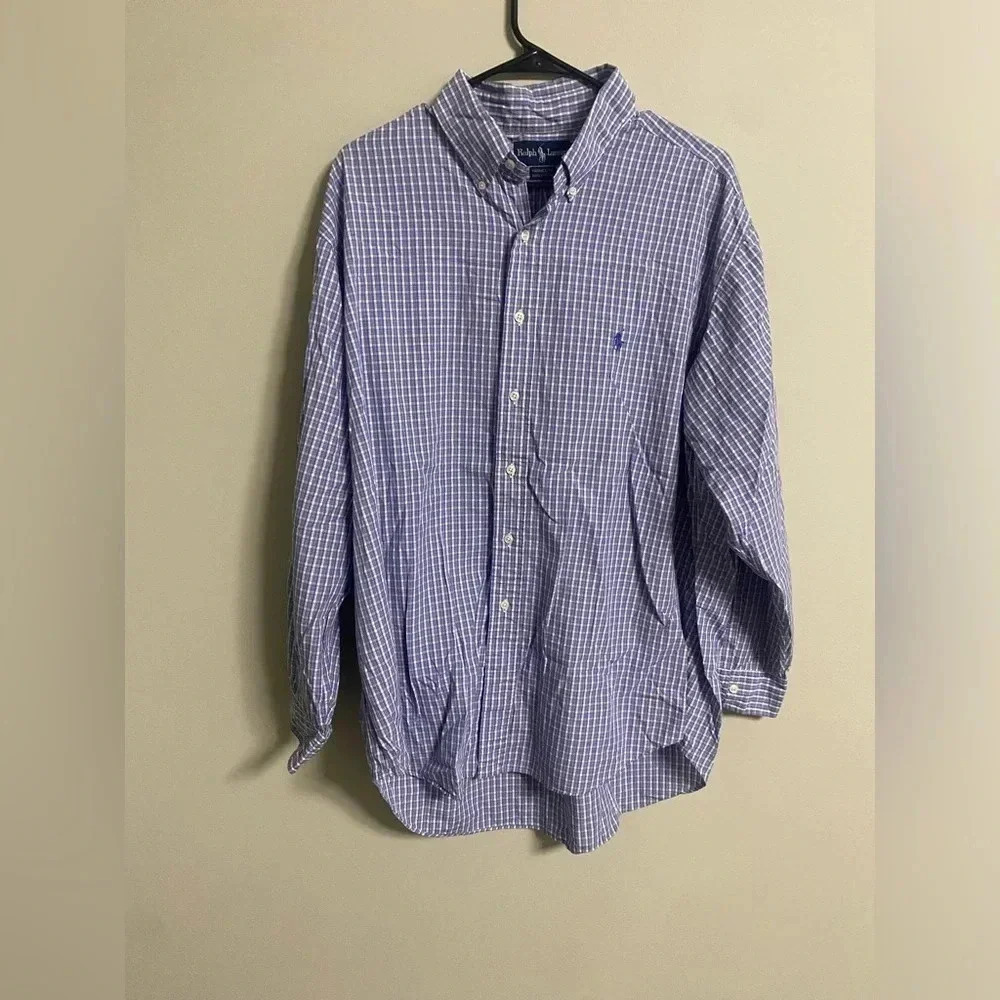 VTG Ralph Lauren Mens Size 17.5 Yarmouth Shirt Blue White Plaid Long Sleeve